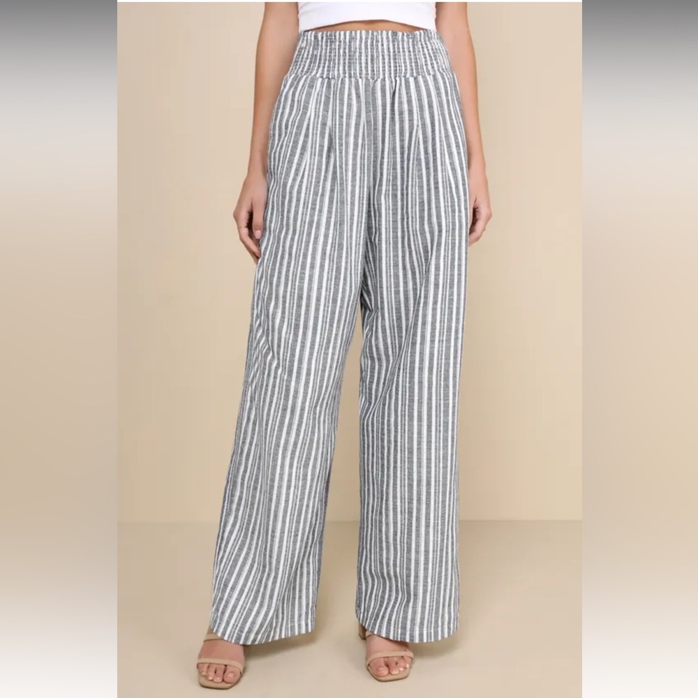 NWT Lulus Breezy Getaway Blue And White Striped Linen Wide-leg Pants - Size M